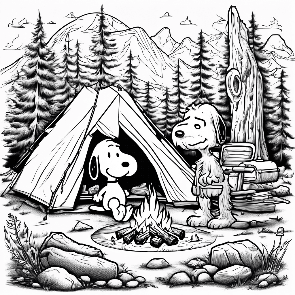 Snoopy and Bigfoot camping by a fire