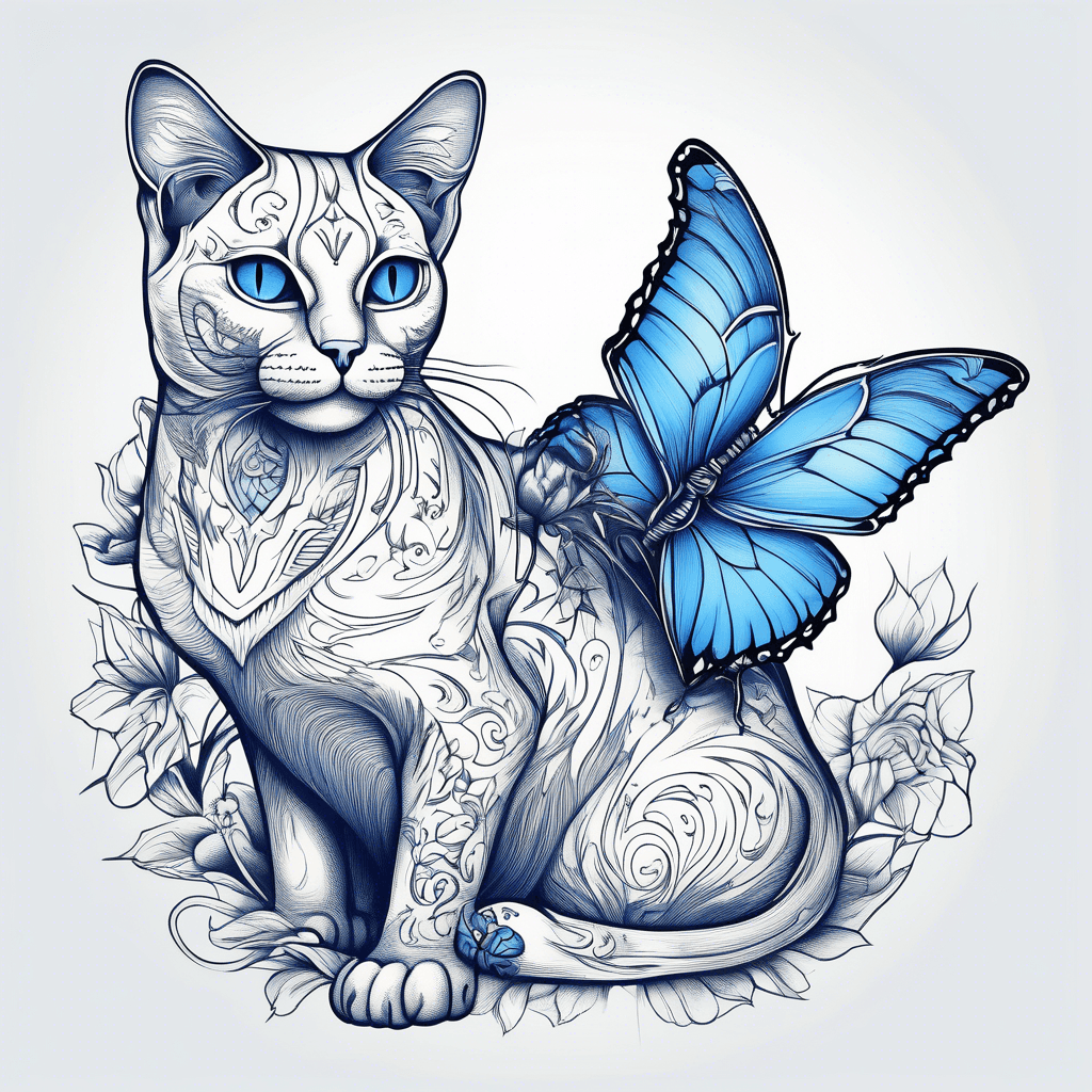 Blue butterfly sitting on tail of a cat
