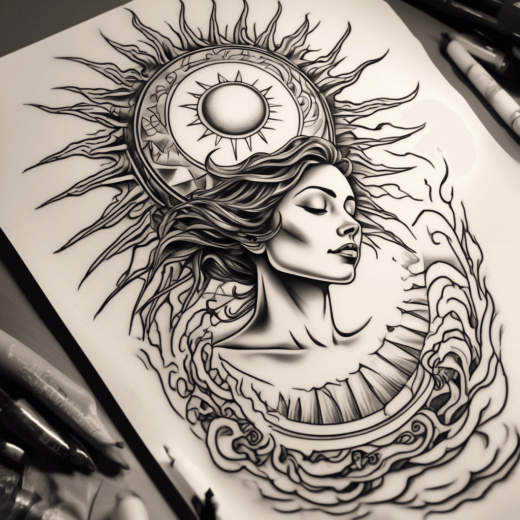 On the shoulder, a sun with classic rays, and just below it, a small black silhouette of myself climbing stairs that spiral around the sun — the final destination being the sun itself, symbolizing absolute happiness.