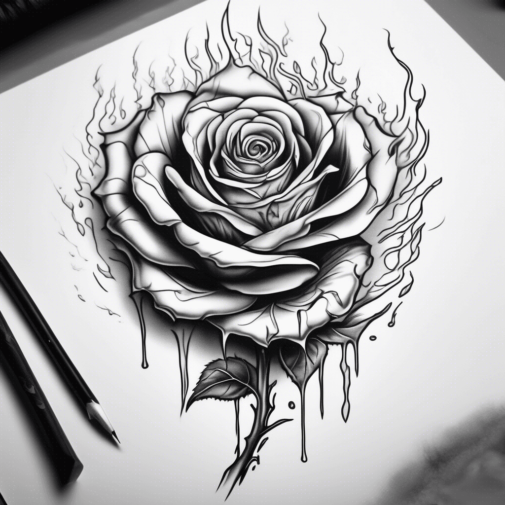 A burning rose. The petals are curling into flame — part beautiful, part destroyed. The stem drips blood, not sap, from where thorns cut the skin. In the background, maybe a shadow of a face watching, but not fully visible — keeping it mysterious. Design Style: Stylized, minimalist realism or fine line with soft reds and greys. Small embers float off the rose, almost like tiny butterflies of fire. A quote next to it: Love me like fire, fear me like flame.