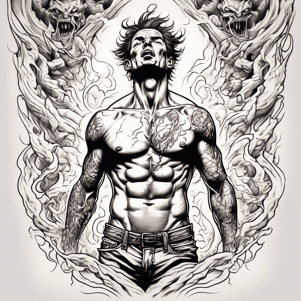 Shirtless Man escaping from hell, looking upward toward the sky, breaking chains, and escaping shadowy demons