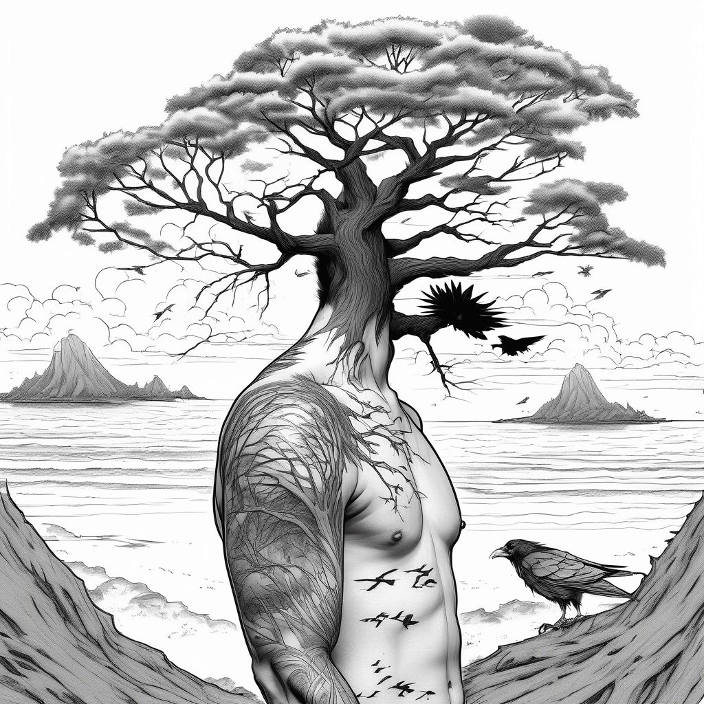 A large tree which wraps around the whole arm that symbolises the duality between light and darkness. On a thinning beach flies a Konohagakure headband, flapping in the wind. On the tree sits Itachi Uchiha's crow watching over the scene. In front of the tree is a bonfire from Dark Souls with Hollow Knight and Solaire of Astoria sitting around it.