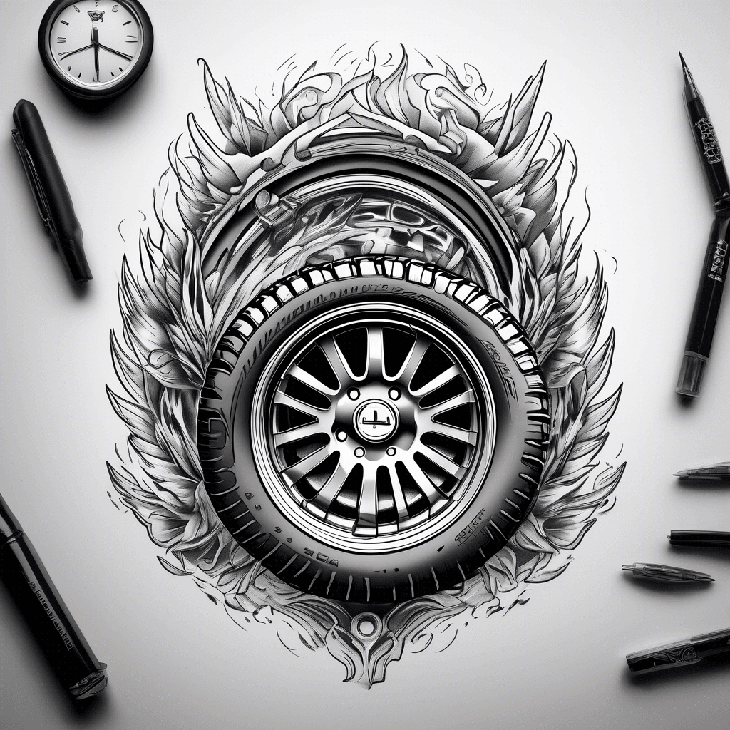 Tire doing a burnout with a cross and wings with a Rolex around it.