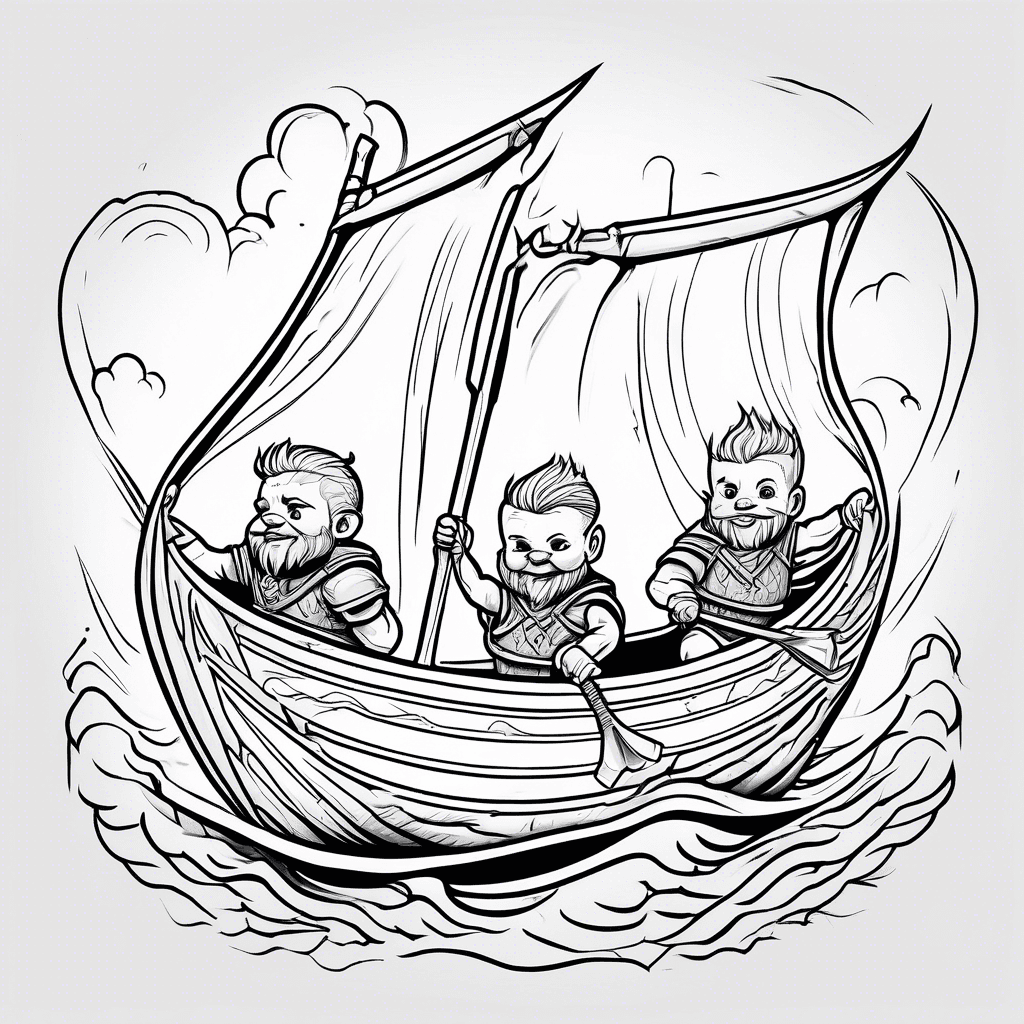 Cartoon style line drawing of two toddlers rowing viking Longship with sheilds hung on the sides