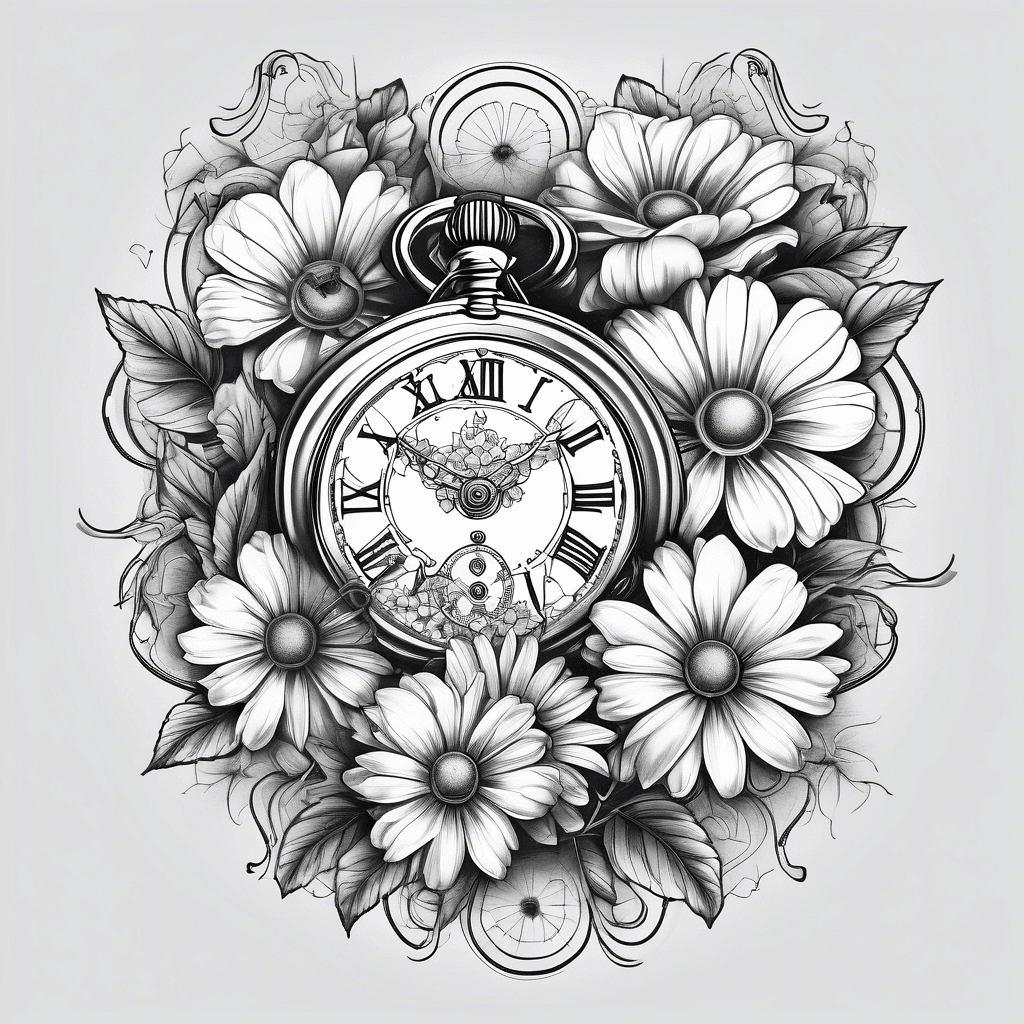 Realistic tattoo of 2 pocket watches surrounded by roses and daisies
