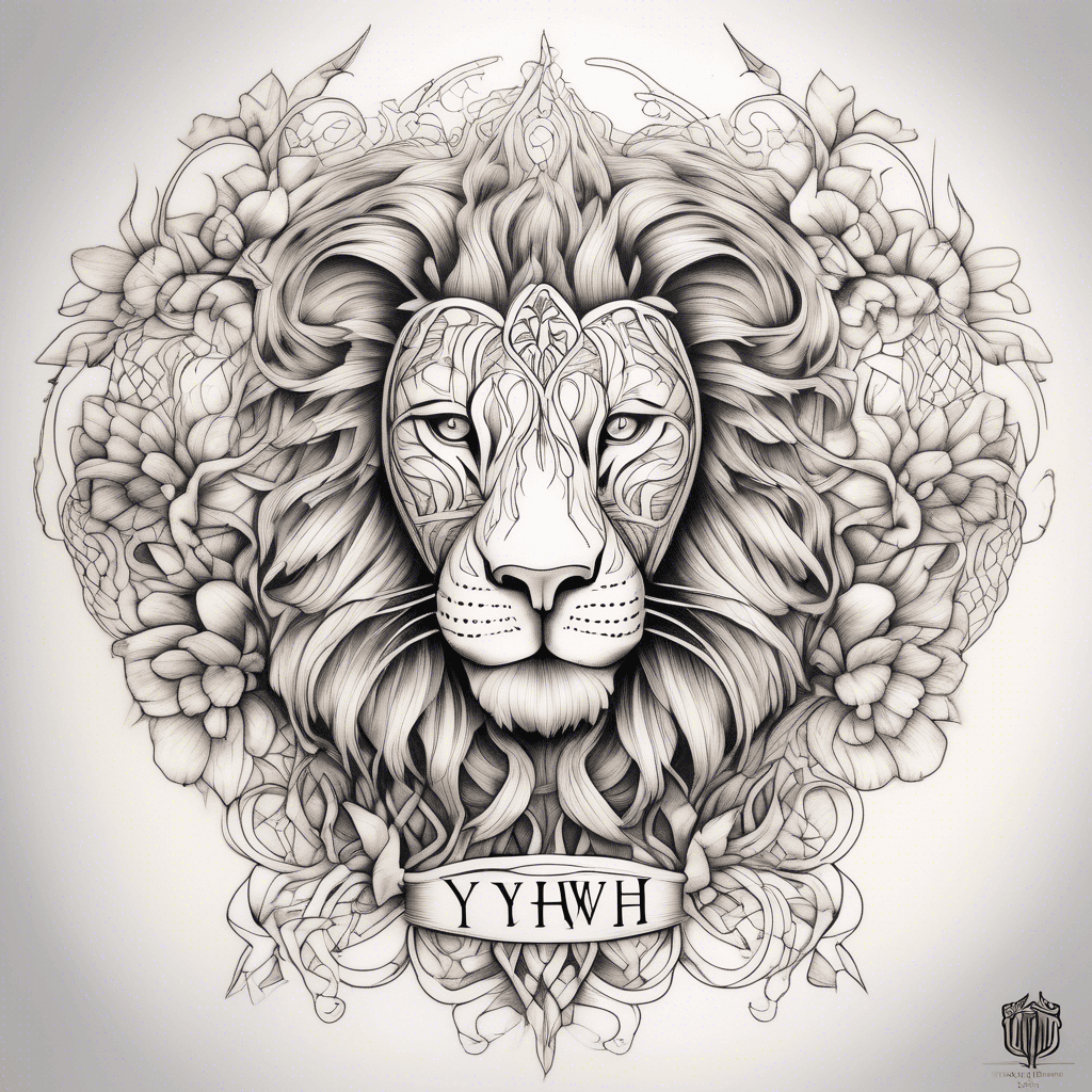 A fine line tattoo of delicate lungs, with one half morphing into a majestic lion and the word 'YHWH' intricately woven, featuring soft feminine curves