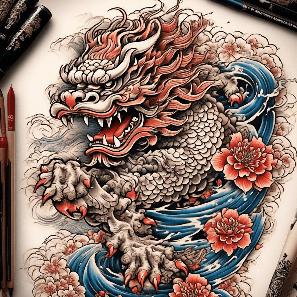 Japanese sleeve with multiple Japanese foo dogs and a section for text