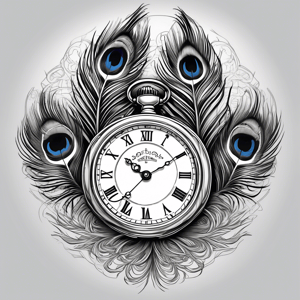 an old pocket watch surrounded by 5 peacock feathers