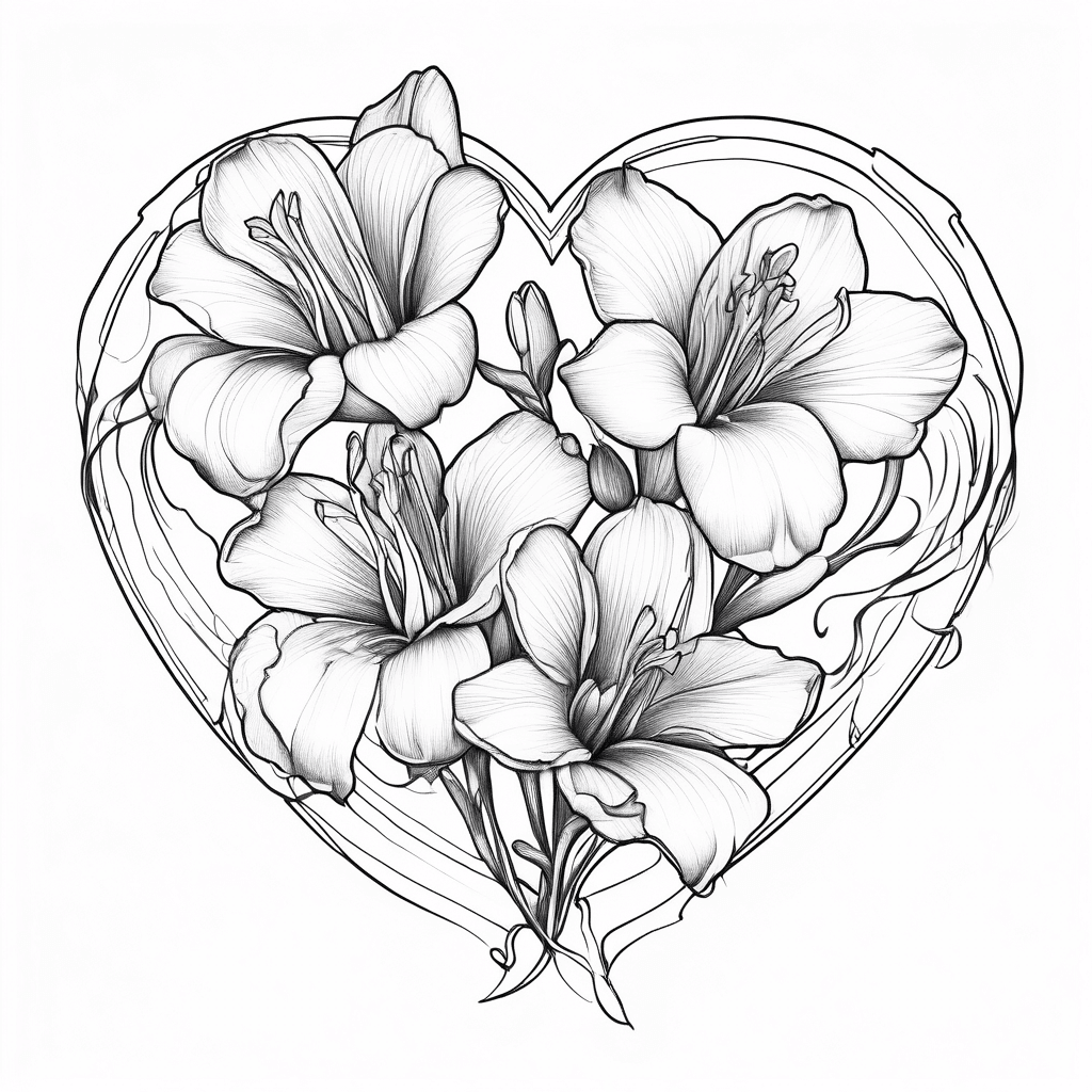 Freesia flowers with a thin lined heart and a waning crescent moon