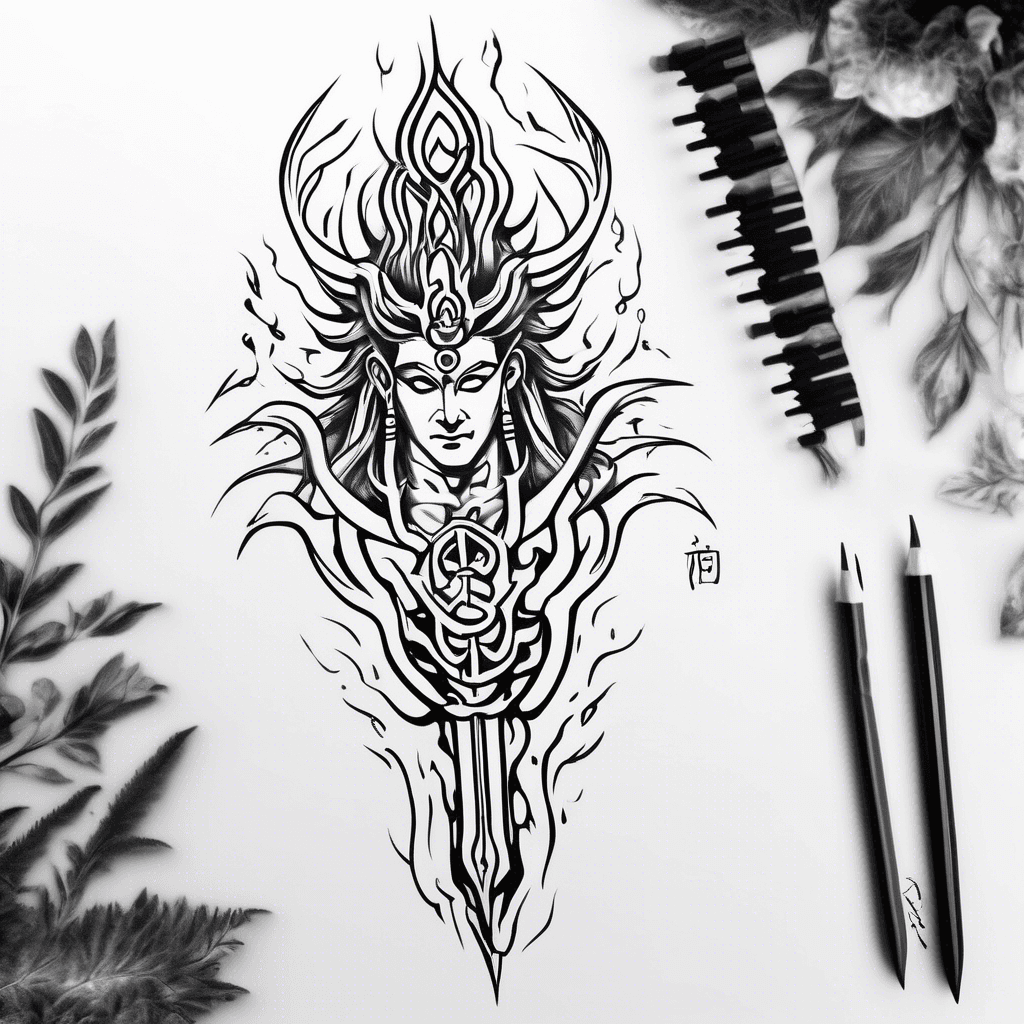 Trident for Shiva with the mahamrityunjay mantra surrounding it. Goku’s silhouette or kanji “悟” at the center bottom— symbolizing transcendence and limitless power create a black and white tattoo of the above description for the forearm. Keep he design very artistic and aesthetic