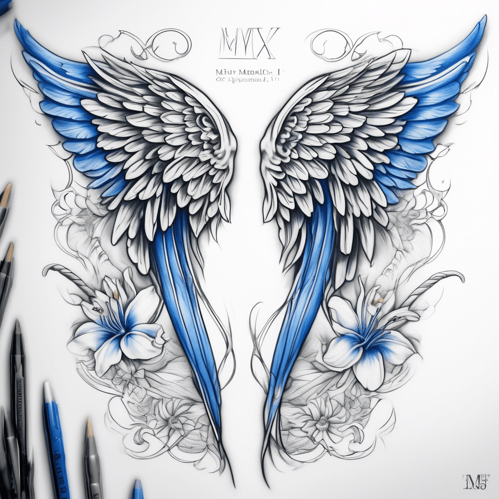 angel wings with one wing normal and the other with blue lilies in the shape of a wing. in between the wings have the roman numerals II-XX-MMXIV