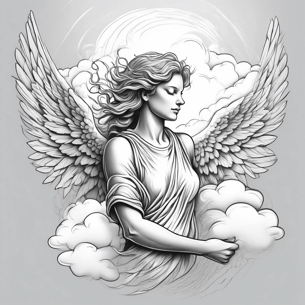 serene angel hand emerging from fluffy clouds, with a radiant sunbeam