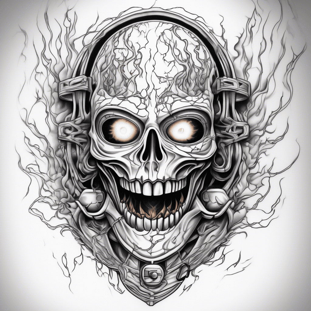 “A surreal tattoo design featuring a cracked halo, a smooth featureless mask releasing flames from the mouth, a glowing human silhouette in the distance, and a flaming padlock. The mask should have no facial features. The glowing figure should feel far away, like it’s deep inside a memory. Moody, symbolic, and gothic.