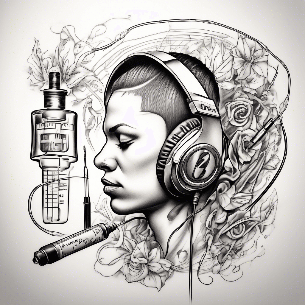 A set of Dr.Dre Beats Head Phones to the right of the syringe. The cable from the Beats will be connected to the needle as if the needle is spaying the cable to the beats, and forms a word in hand writing saying addict.