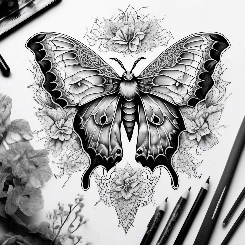 Black and grey luna moth surrounded by lace and realistic crystals