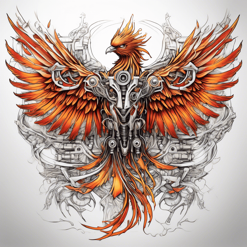 I want a bio-mechanical phoenix that captures its essence of rebirth. The wings should appear wilting, revealing the bones and mechanical structures inside. I envision a blend of fiery colors along with metallic elements to highlight the transformation. The overall feel should be dynamic and powerful, symbolizing resilience and rebirth.