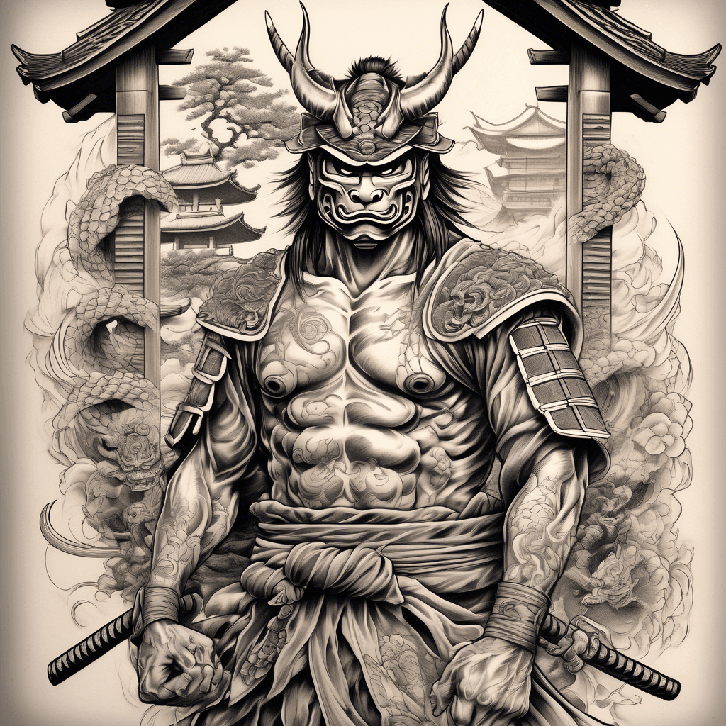 Full sleeve tattoo design from shoulder to wrist, featuring a realistic samurai warrior wearing a traditional Oni mask (half-body or full-body), standing in front of a Torii gate. A traditional Japanese Ryu dragon coils around both the samurai and the Torii, with detailed scales, whiskers and flowing movement. Intricate clouds, wind bars and waves in the background, all in high contrast, realistic shading, inspired by Japanese Irezumi style