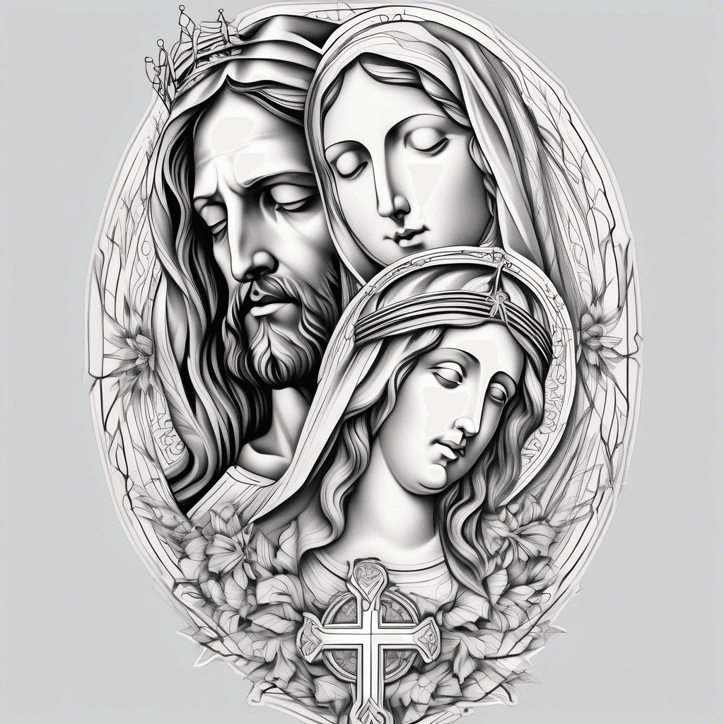 Jesus Christ and virgin Mary separated by a cross in the middle
