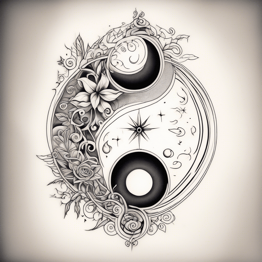 A unalome combined with a yin yang symbol where the yin yang symbol represents the destination of life's journey as depicted by the unalome. I also want the yin yang symbol to include a sun in the white portion, and a moon and stars in the dark portion.