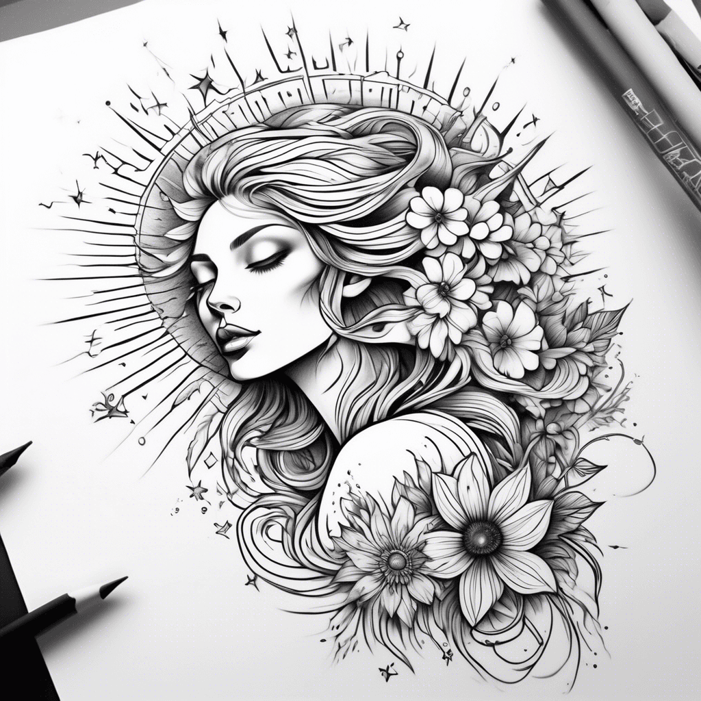 Flowy flowery lines from collarbone to upper right arm, wrap around with abstract Sun imagery and some stars