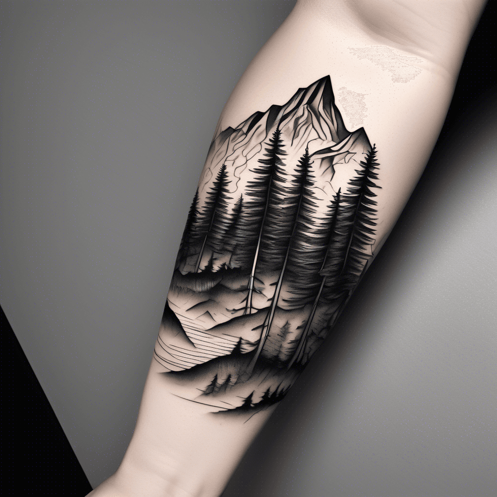 Pine trees with mountains in the background forearm sleeve
