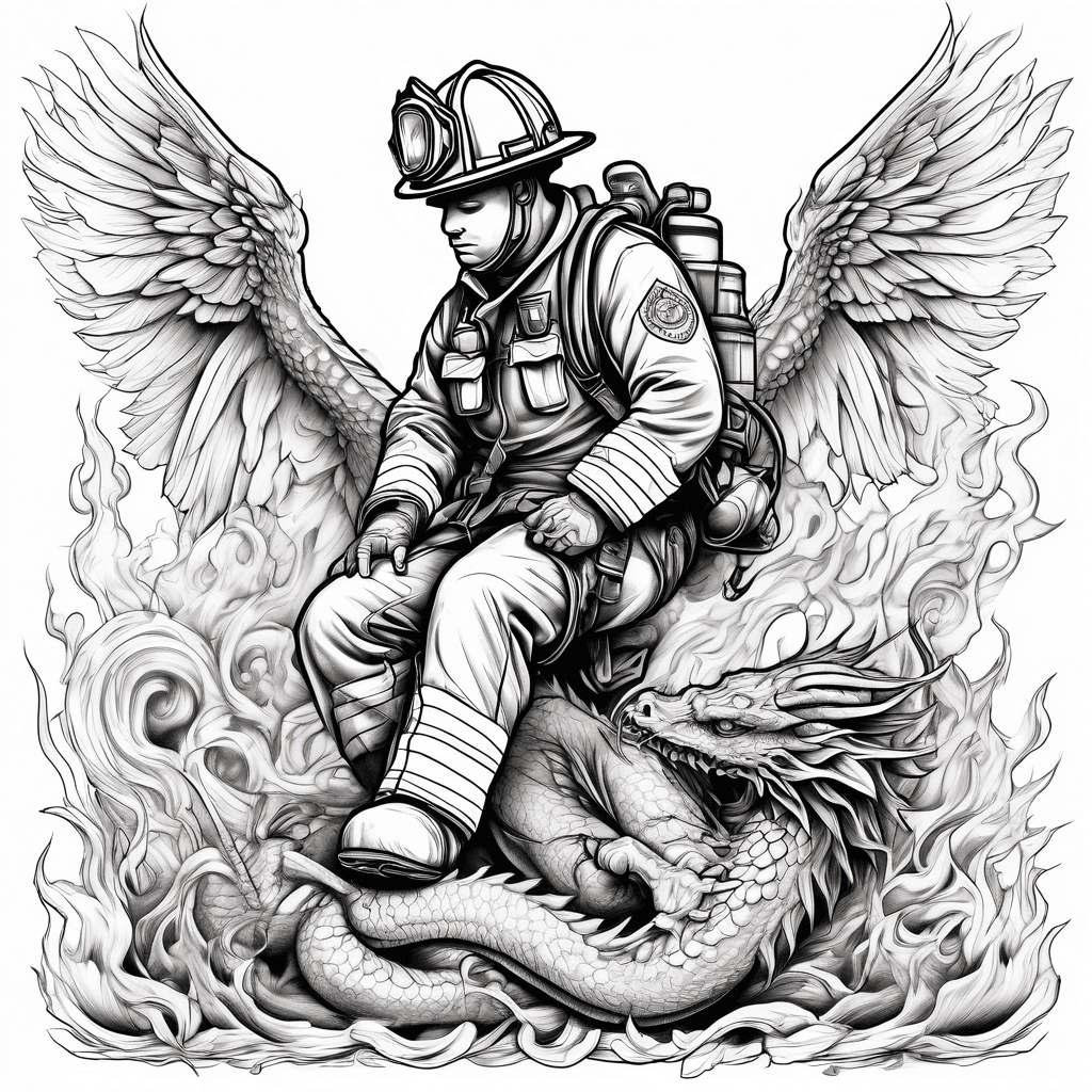 Firefighter on one knee with protective angel above fighting fire dragon