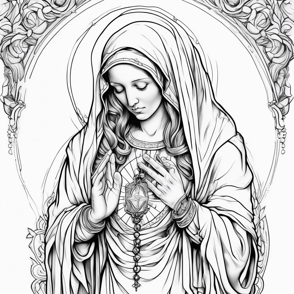 Virgin Mary praying with a rosary wrapped around her hands with a backgrounds o