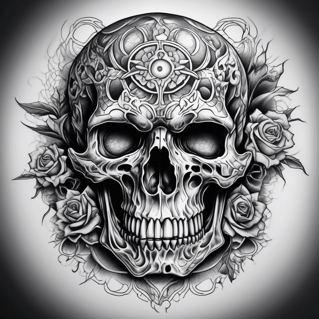unique creepy skull tattoo in Japanese art style, highly detailed, monochromatic, dotwork, exceptional expert shading, gothic