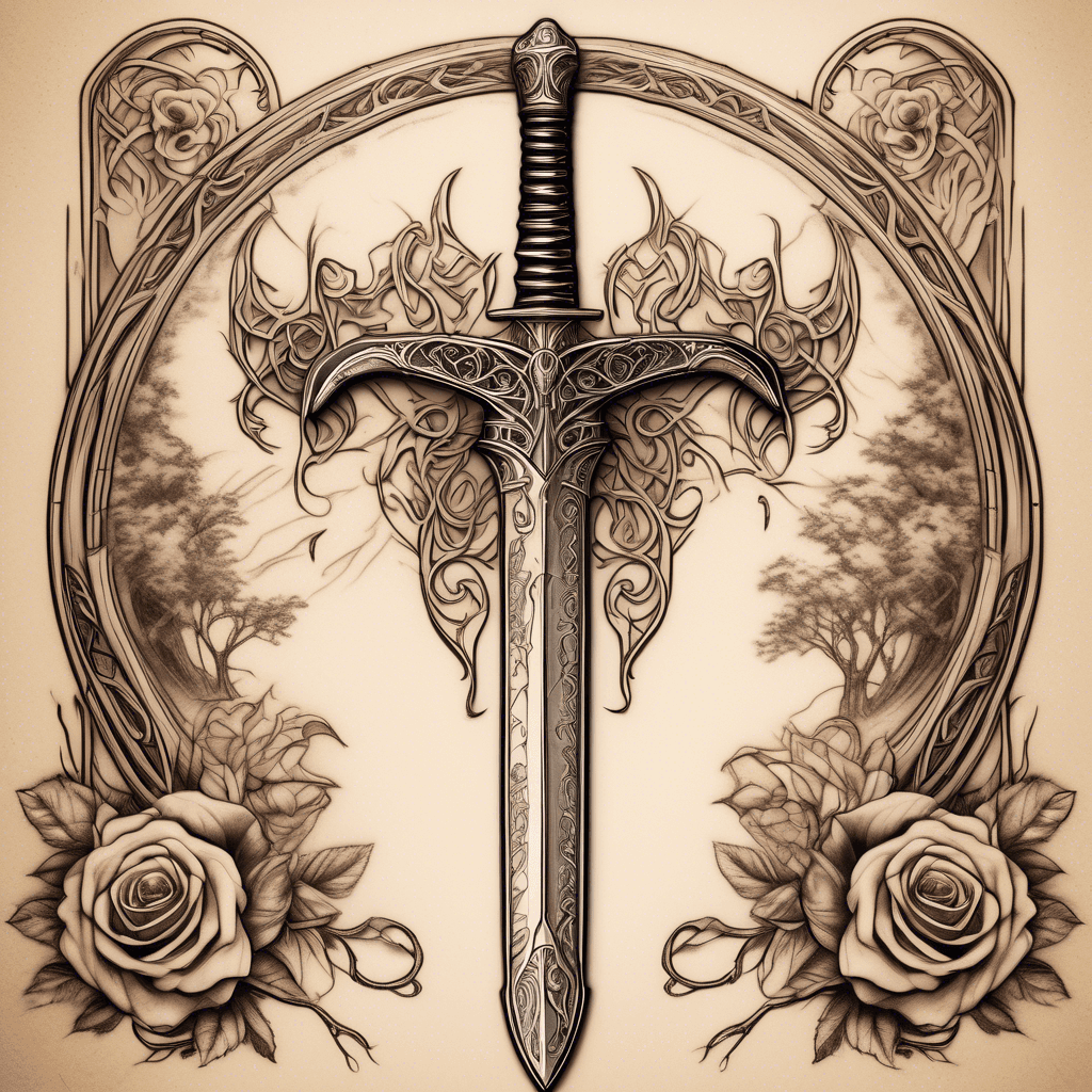 Lord of the rings sword broken, dark speech with circle shape and tree of life of lord of the ringsin victorian style tattoo, featuring vintage and elegant elements, ornate frames, roses, antique, sepia-toned color scheme