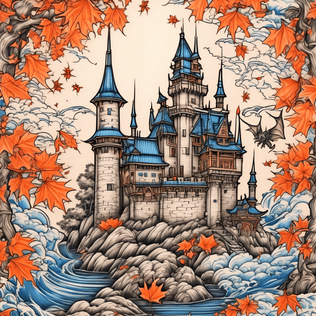 Castle with bats, orange maple leaves, and bloue lightning.