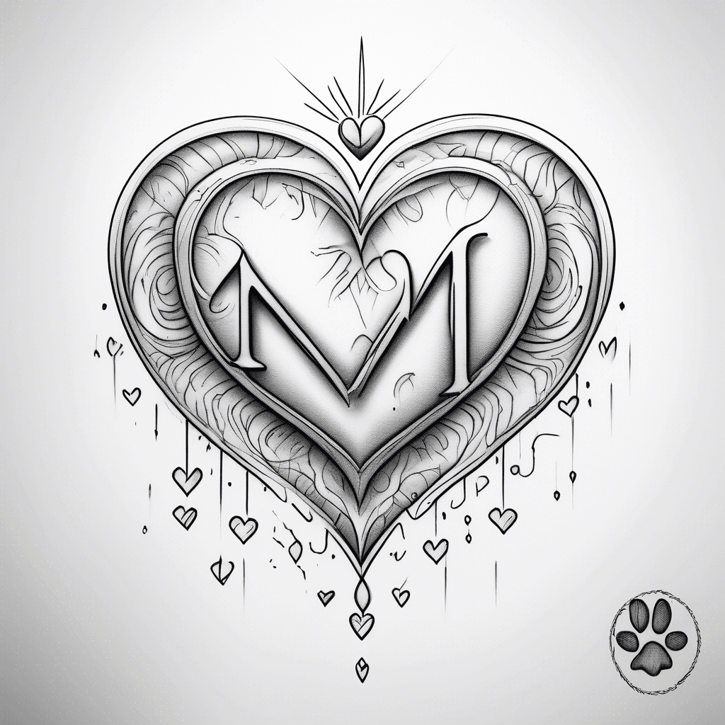 Very small, fine line heart with two paw prints in the outline of the heart, one bigger than the other. In the centre of the heart the initial M exponent 4