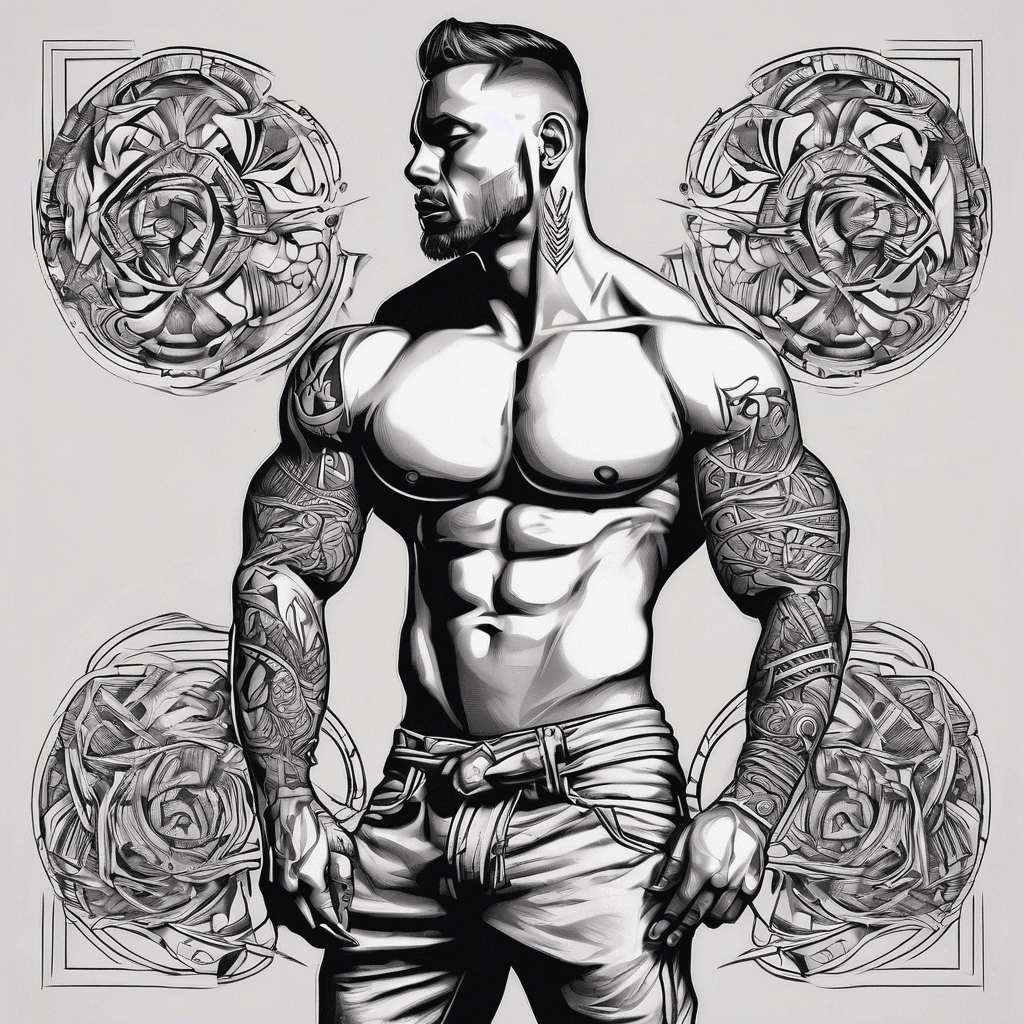 full body, Bicep bands, tribal tattoo pattern style, ritual tattoo