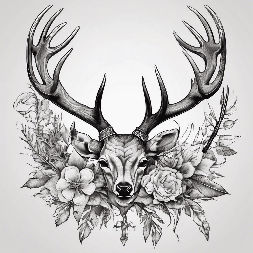 Deer antler, feathers, flower, compass