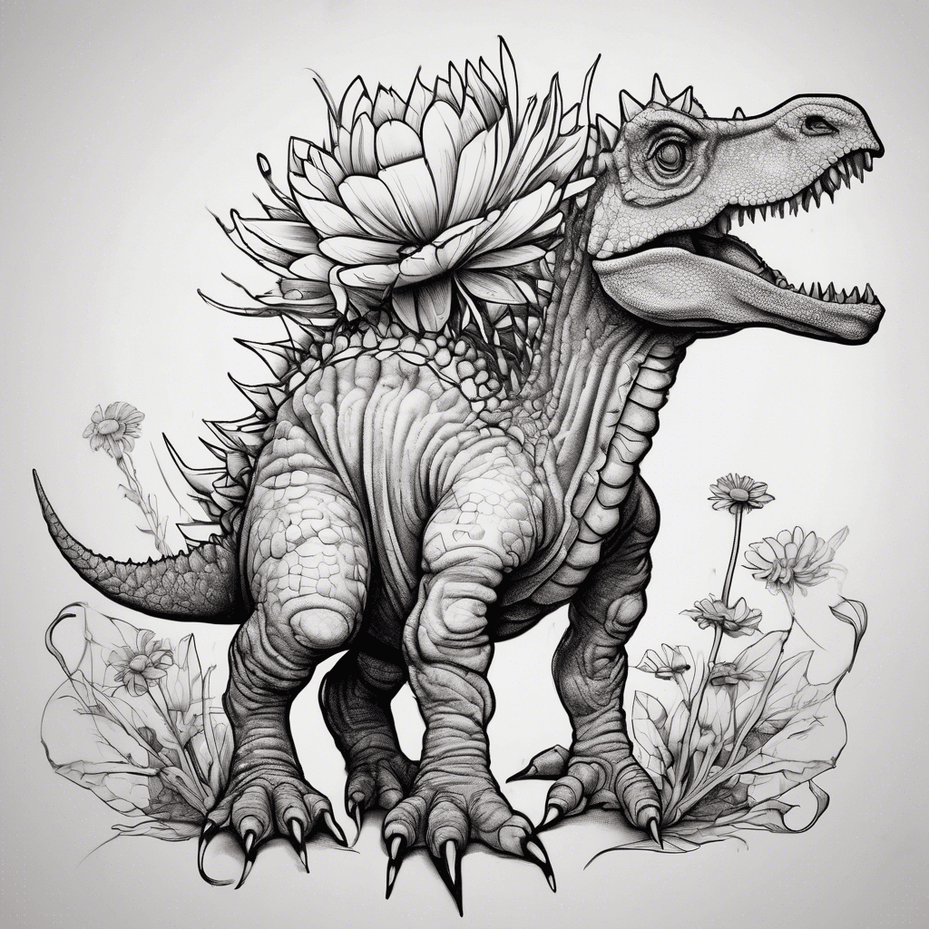 A whimsical Stegosaurus sitting on its back legs, sitting upright delicately grasping a fragile daisy in dainty front limbs
