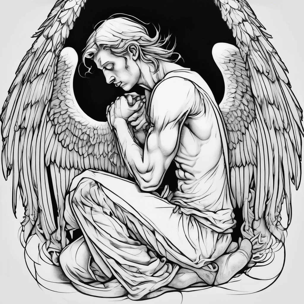 Angel looking down on a man in his knees praying Addiction