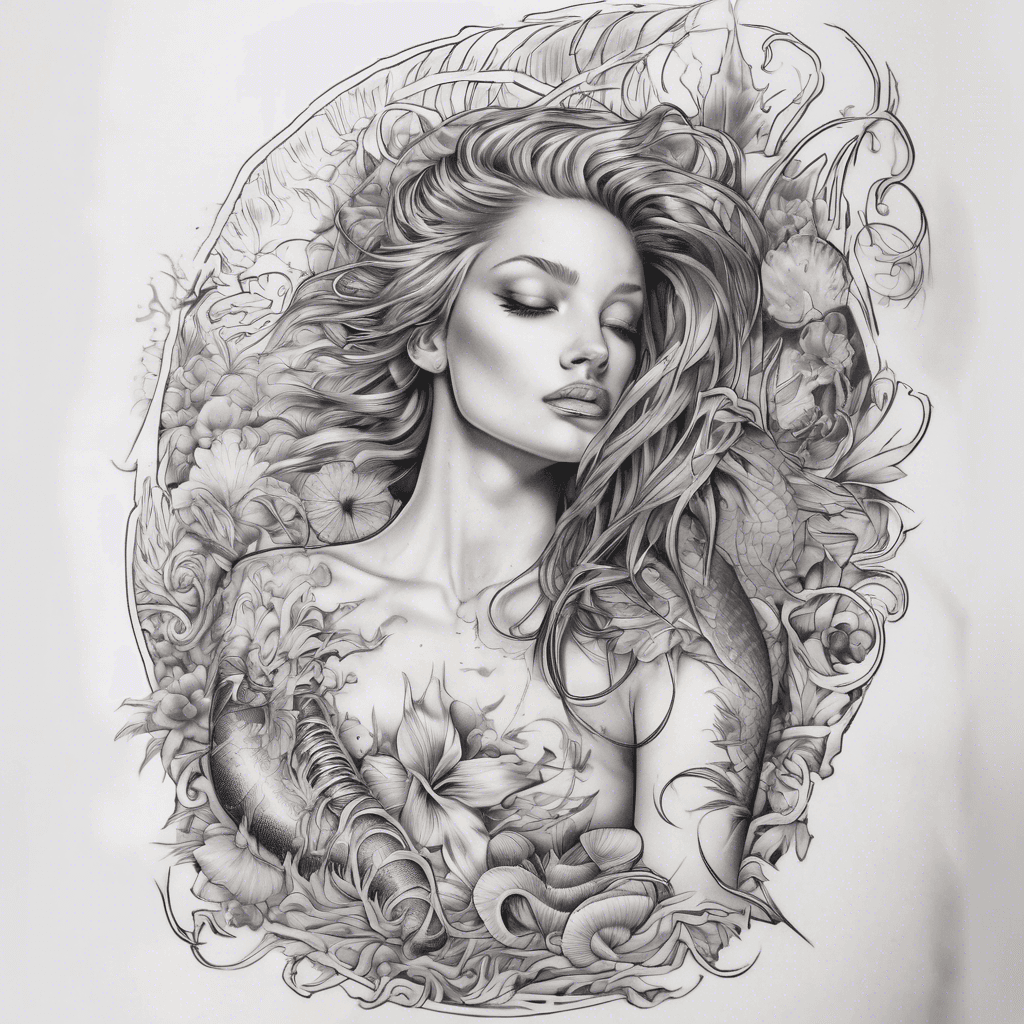 It will go vertically down the lateral side of the ribs. I want exclusively line art with fine lines. The elements that I want are ocean wave, small palm tree or palm branch, a univalve seashell, and mermaid tail. A sun is also optional. If you want to incorporate "One Love" text, that is optional. And the plumeria is optional.