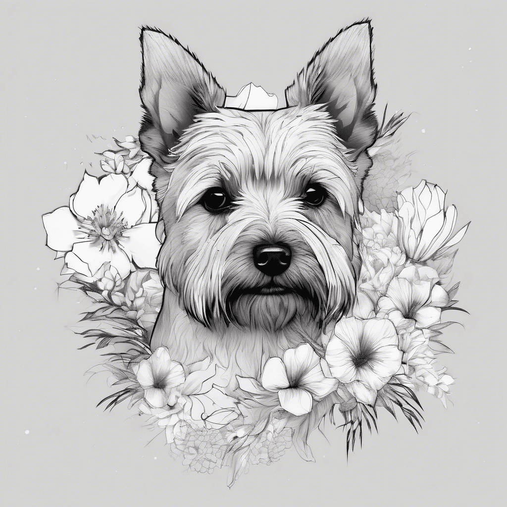 Abstract outline of Norwich terrier face, tiny snow in summer flowers and a flamingo