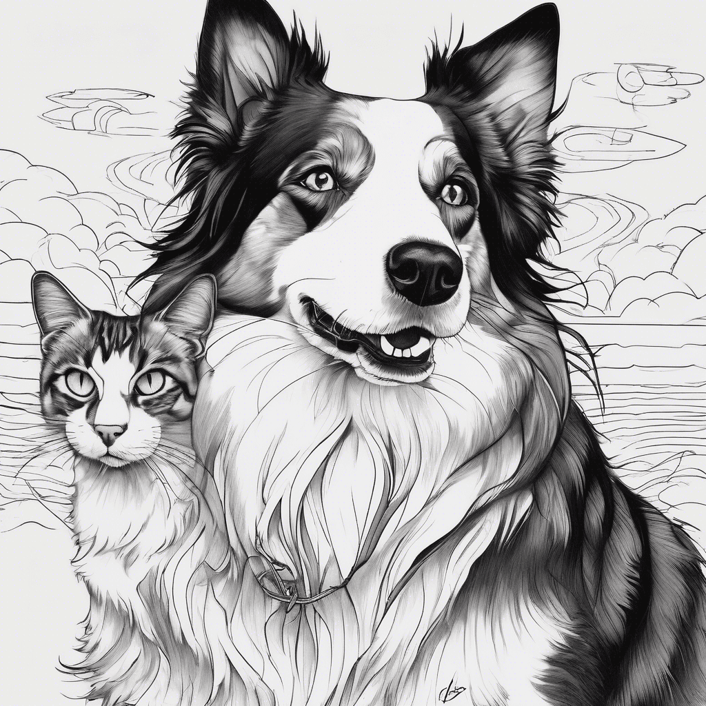 A boarder collie with a long haired grey and white cat sitting together in heaven. I want both their names Karla for the dog and Teako for the cat