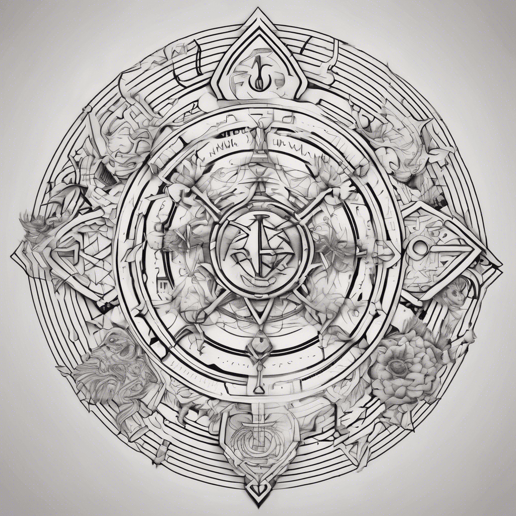 A geometric tattoo filled with sigils and symbols