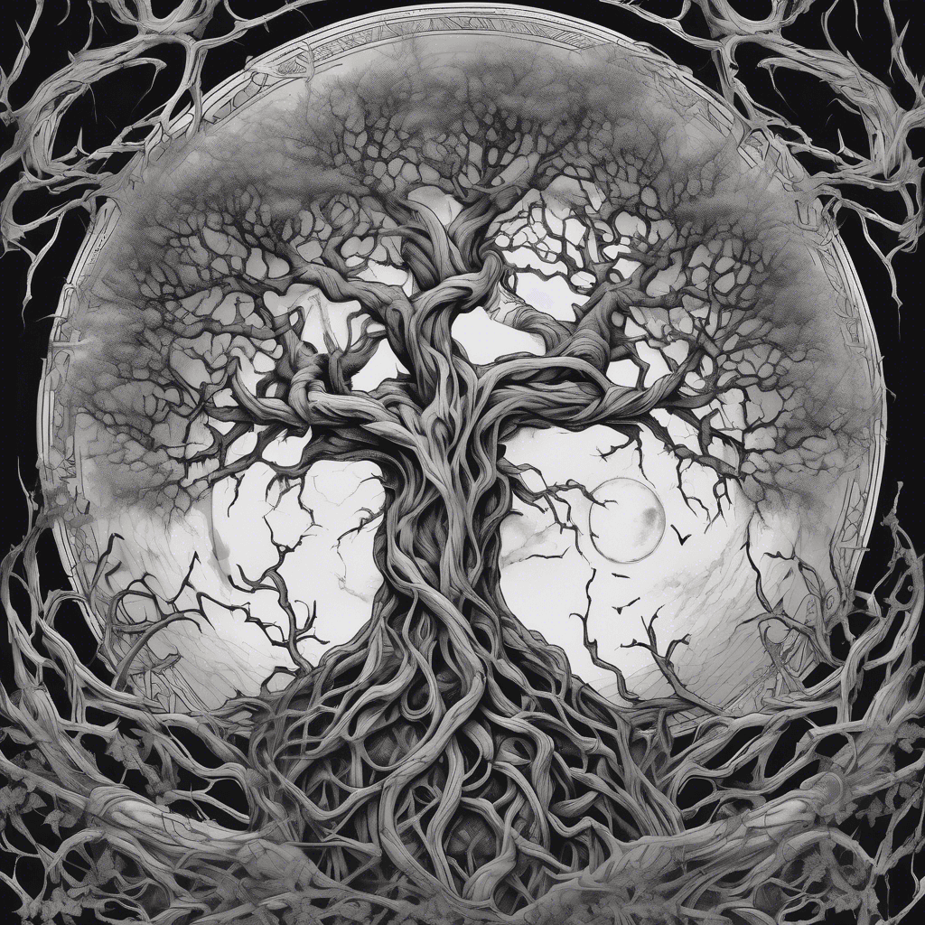 A sinister tree with gnarled branches, each twisting into eerie hands grasping at the moon, surrounded by shadowy wisps and haunting eyes