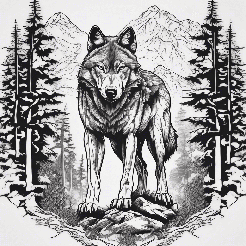 wolf in forest and mountain