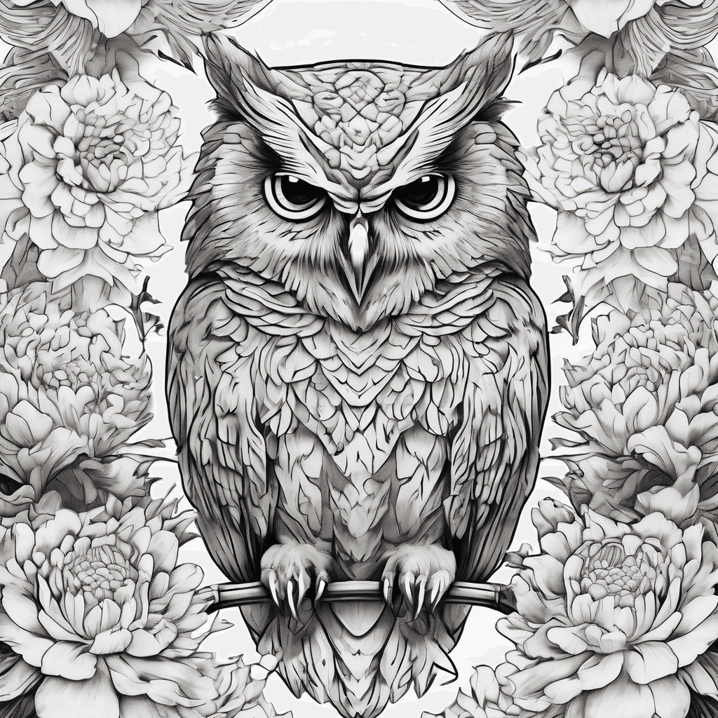 Owl surrounds by a single marigold, chrysanthemum and peony flower