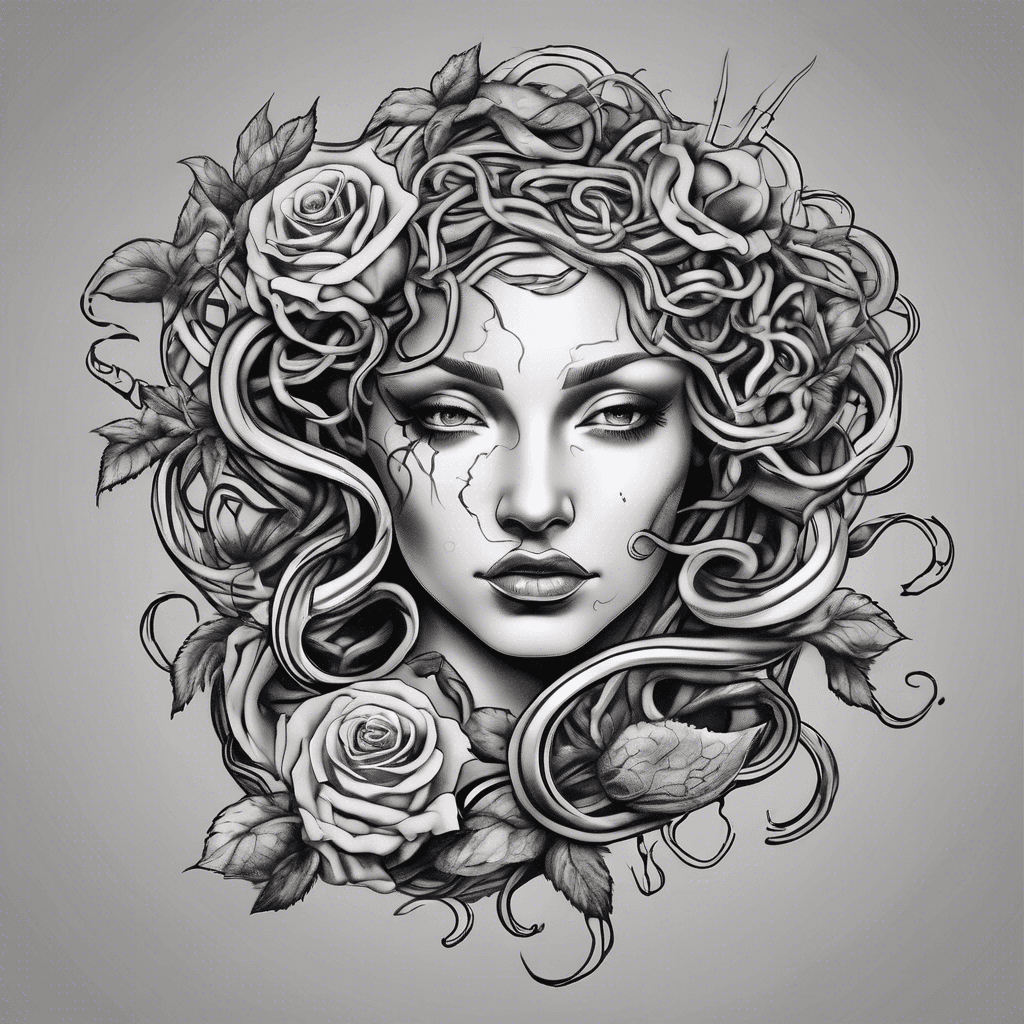 Medusa with fourteen snakes and one dead rose