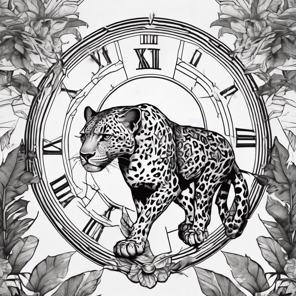 Leopard stalking forward with a crown and clock in the background, jungle foliage fading into geometric patterns.