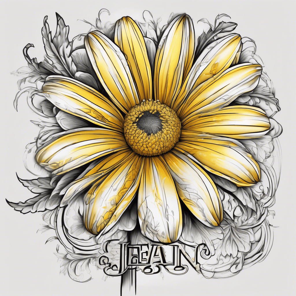 A bright yellow daisy in full bloom, its petals detailed and layered. The elegant name 'Jean Faith' gracefully curves around the stem in flowing script.