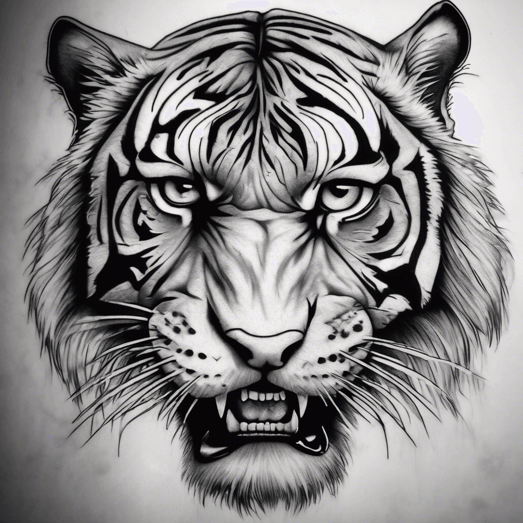 Here’s the English version of your description: A tattoo in a style as close as possible to this image: a realistic tiger with a frontal gaze, mouth open and teeth bared, with dominant claw-like tears that conceal a large portion of the face, creating a dramatic effect.