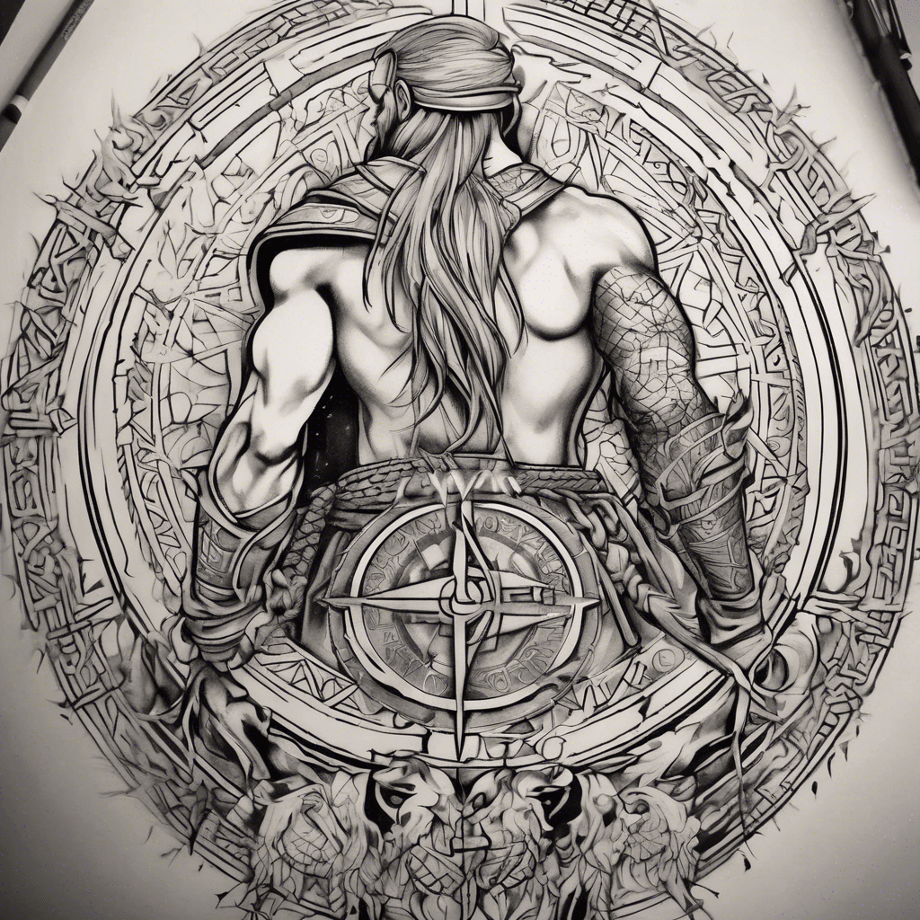 A fierce male and female Viking back-to-back, adorned with intricate Nordic runes, encircled by a detailed Viking compass