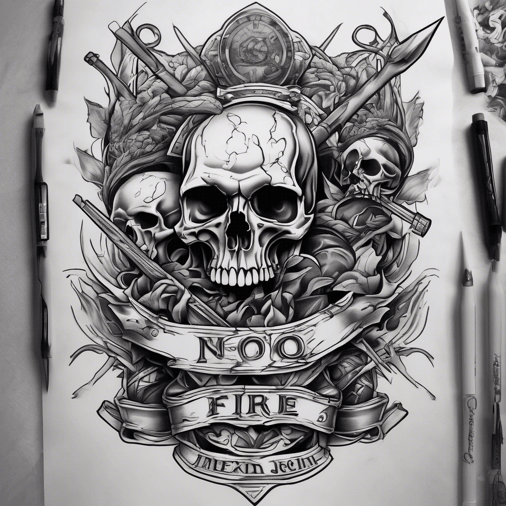 full arm tattoo, top of arm down to elbow 22 skulls rapping around arm. at elbow down to wrist, the text fire and forget in a banner with a javelin inside