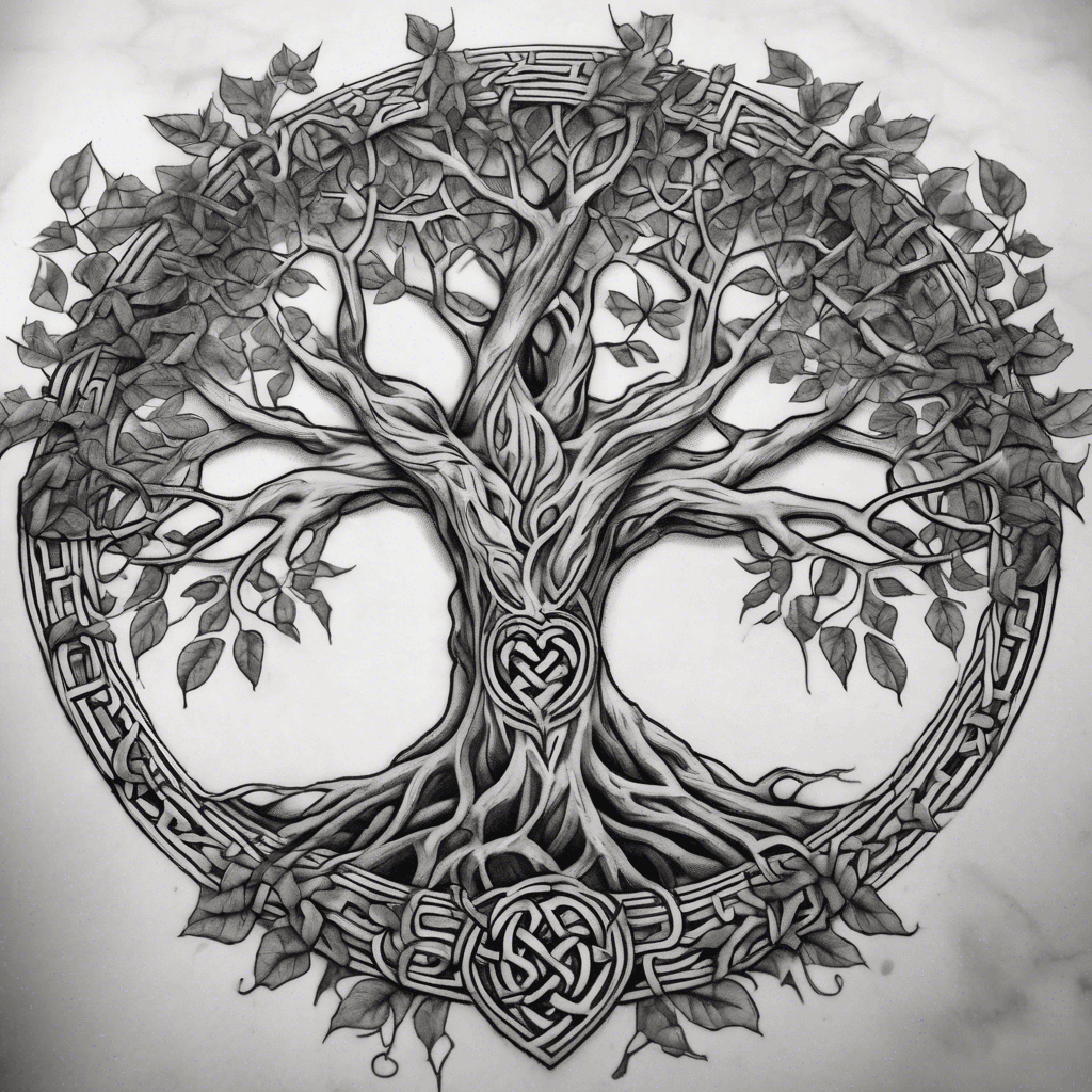 Celtic tree of life tattoo with the Name Hoyt at the bottom of roots. Add the names Brian and Amanda inside a heart at the middle if tree. Put names Gage on one branch Katie on anotheer branch Ivy on another branch and Bailey on another branch