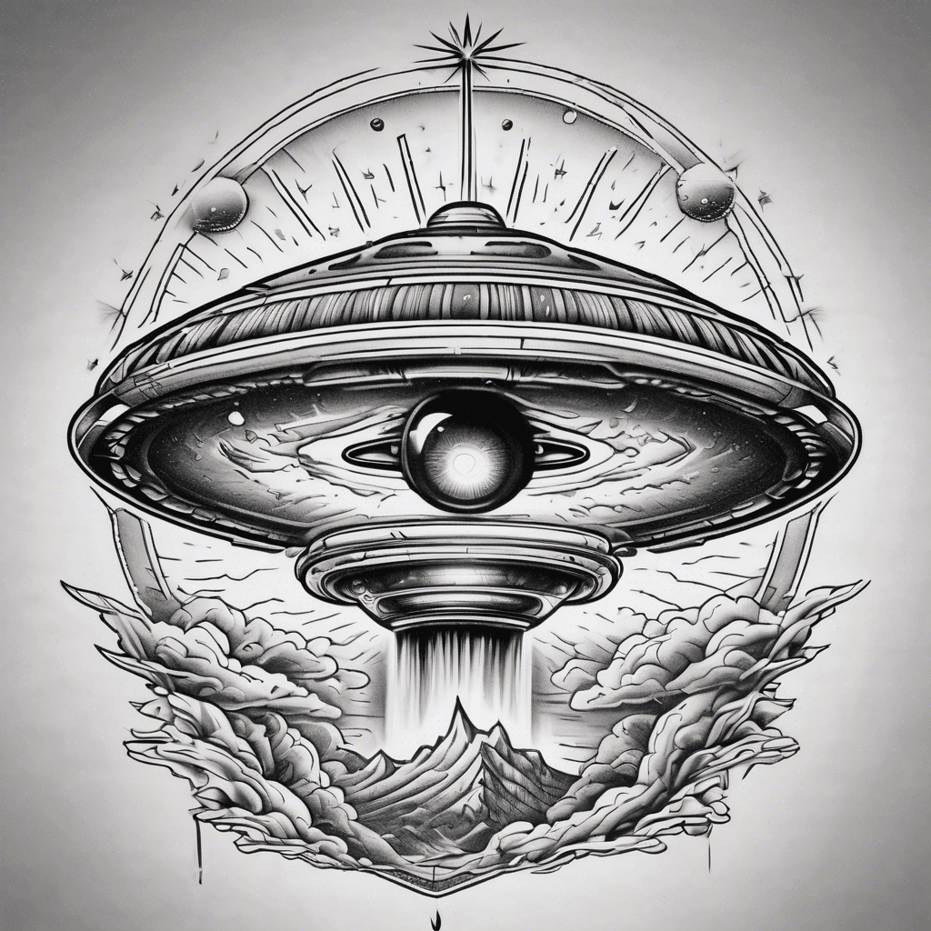 A 3D anaglyph-style tattoo with a UFO beaming down light onto an illuminati eye, merging cosmic and mystical elements.